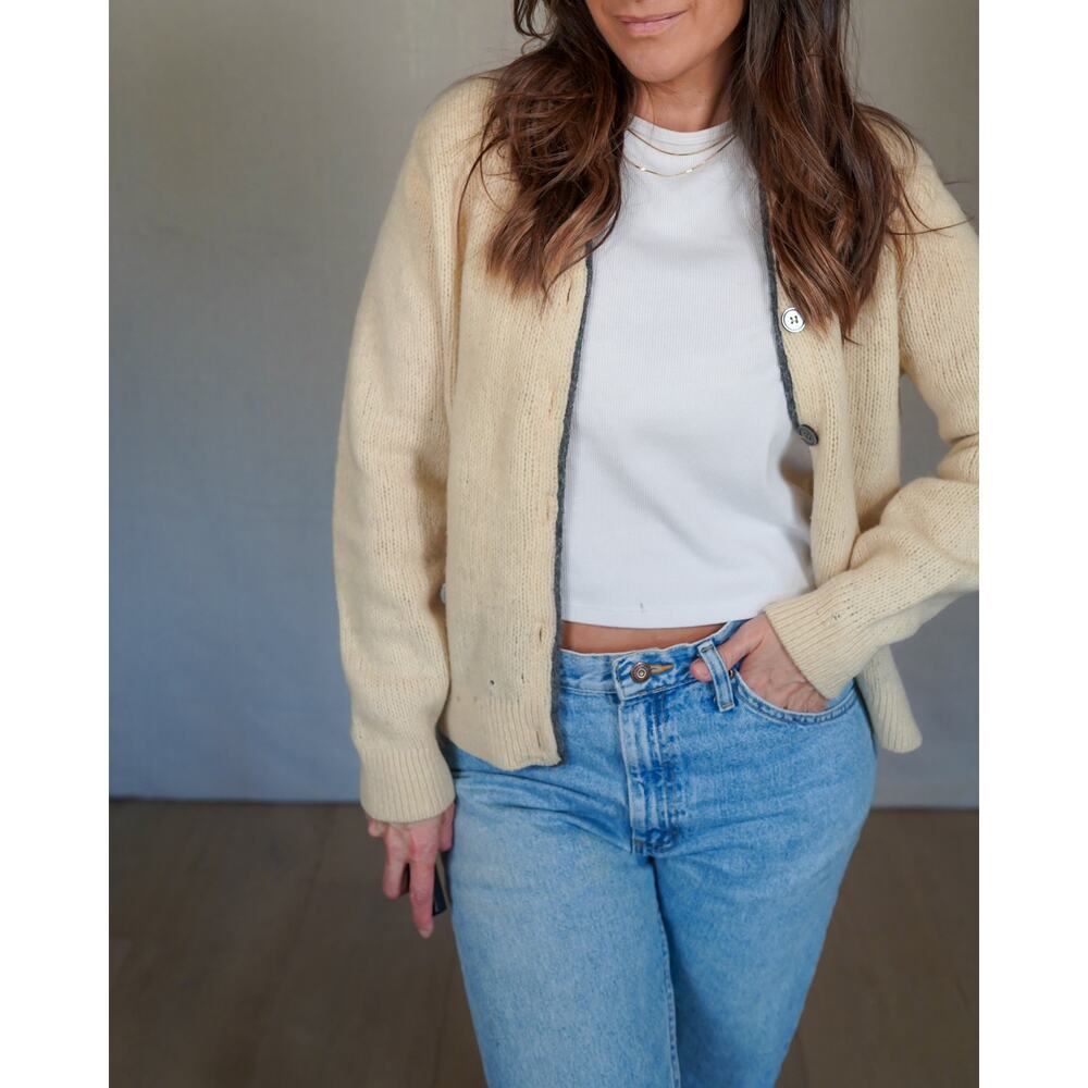 Vintage Shetland Wool Cardigan – Cream Open Front, Textural Knit (Kenwyn)